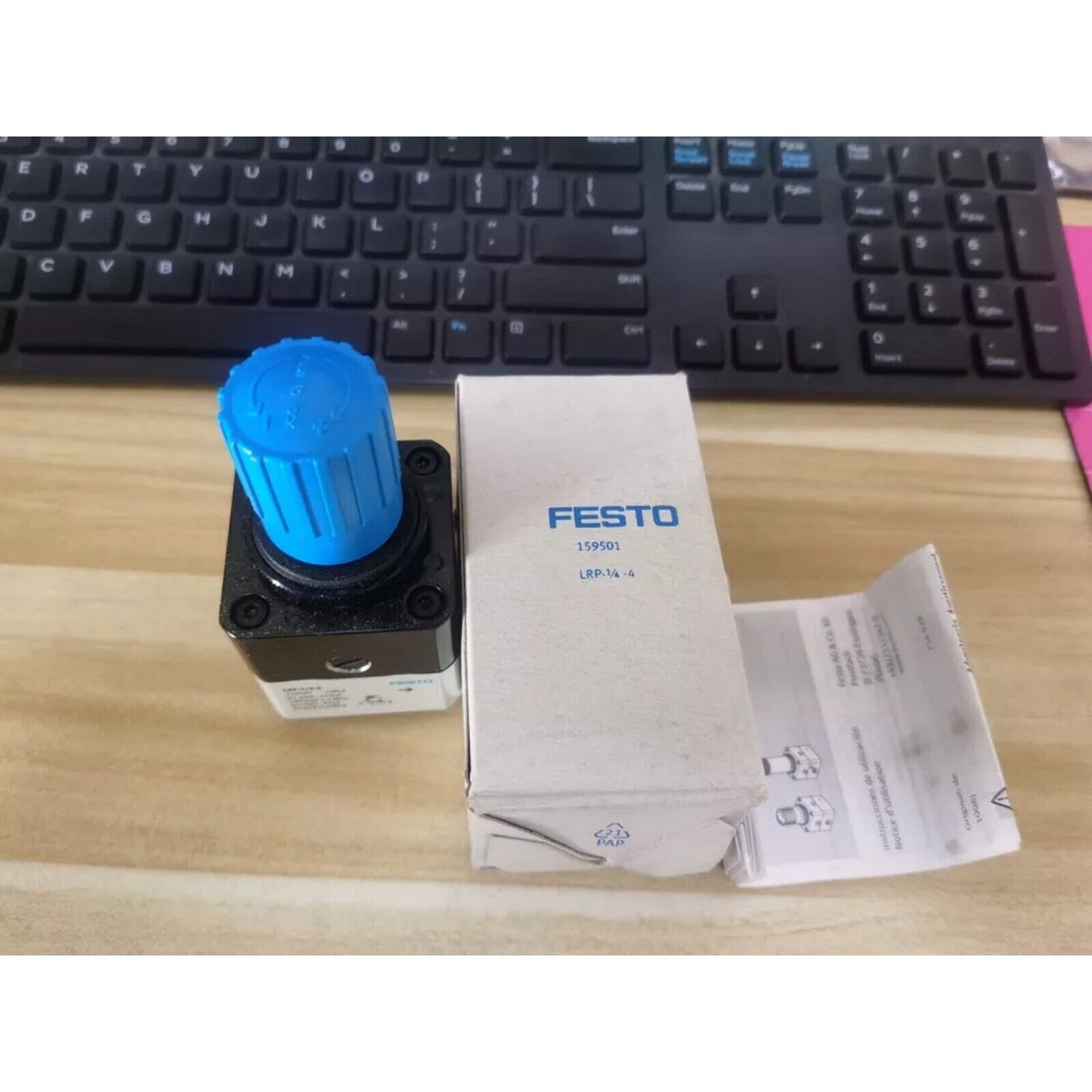 Festo LRP-1/4-4 Precision Pressure Regulator with blue dial and box, industrial automation part.