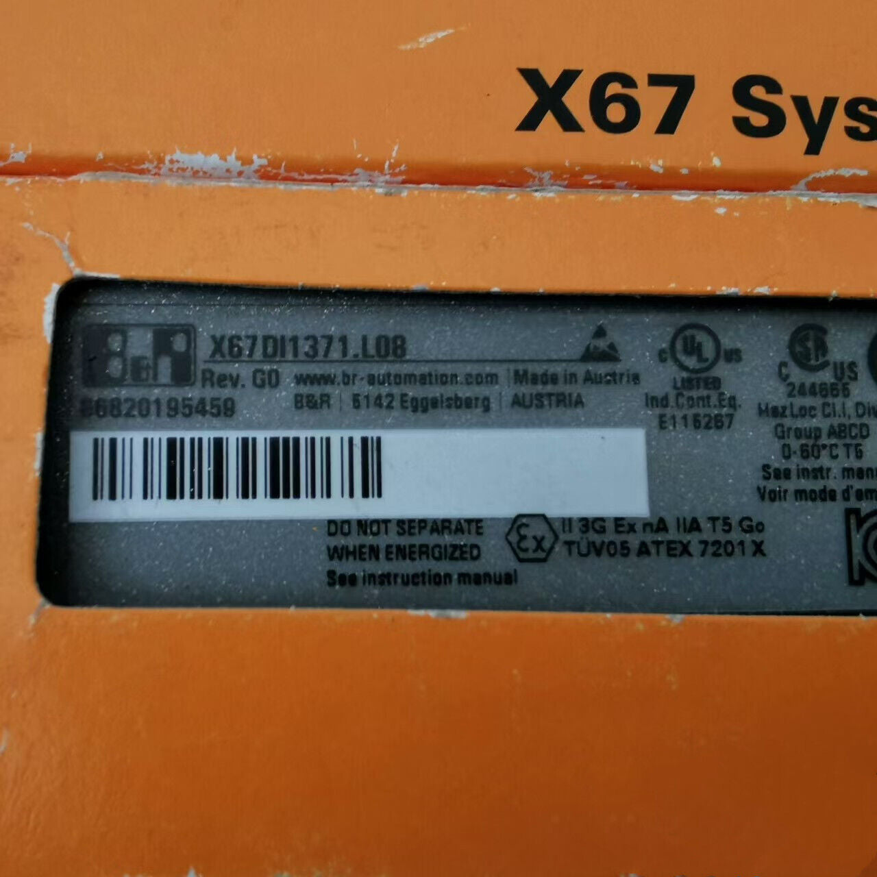 B&R X67DI1371.L08 digital input module label, product details including model number, manufacturer, and specifications.
