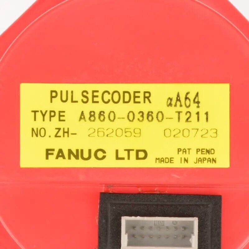 FANUC A860-0360-T211 Pulse Coder for Servo Motor. Yellow label with text on red background.