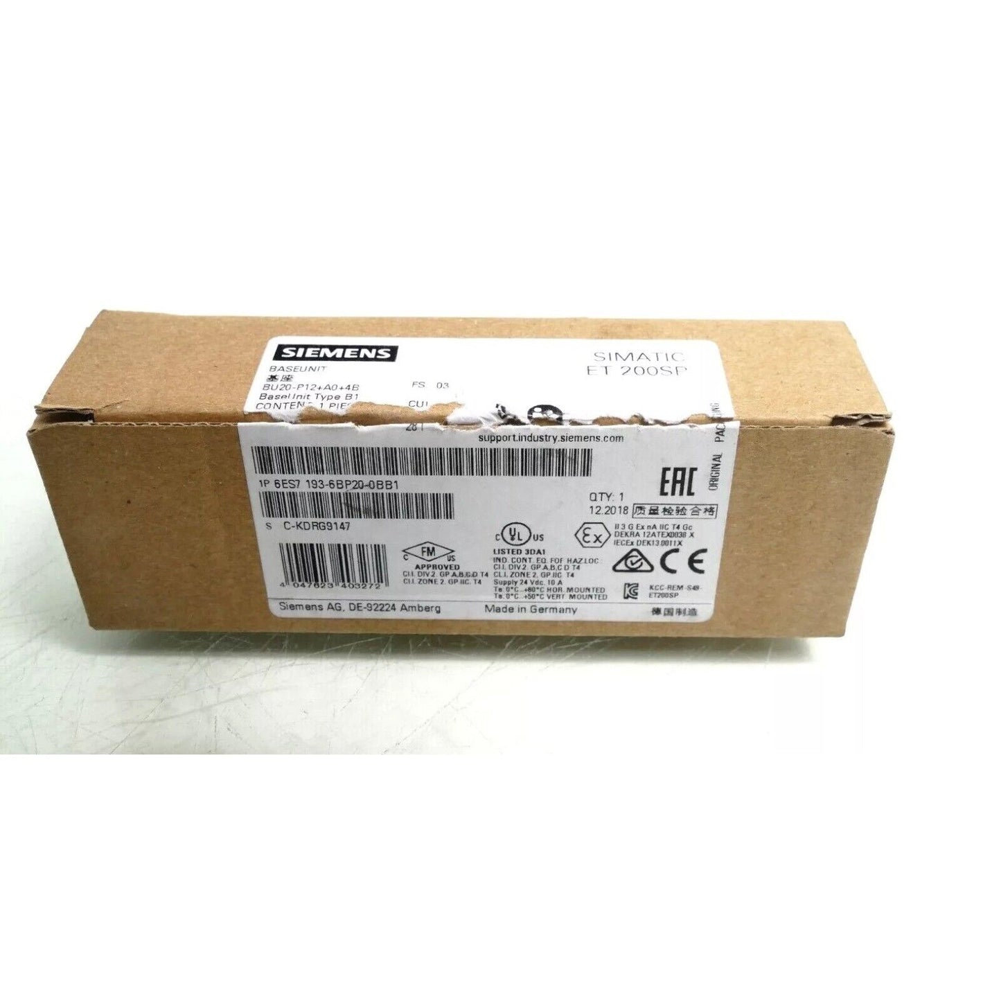 Siemens SIMATIC ET 200SP BaseUnit 6ES7193-6BP20-0BB1 packaging, industrial automation component, Made in Germany
