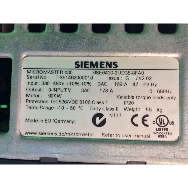 Siemens MICROMASTER 430 Drive with technical specifications and details, part number 6SE6430-2UD38-8FA0