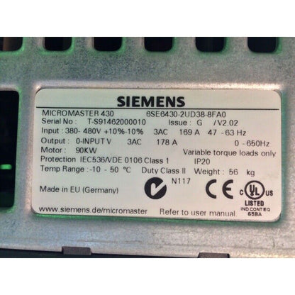 Siemens MICROMASTER 430 Drive with technical specifications and details, part number 6SE6430-2UD38-8FA0