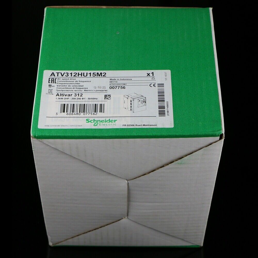 Schneider ATV312HU15M2 variable speed drive packaging, 1.5kW, 2HP, 200-240V, Altivar 312 series.