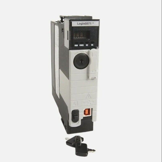 Allen-Bradley 1756-L71 ControlLogix PLC Module, New In Box, featuring Logix5571 display, control module and keys.