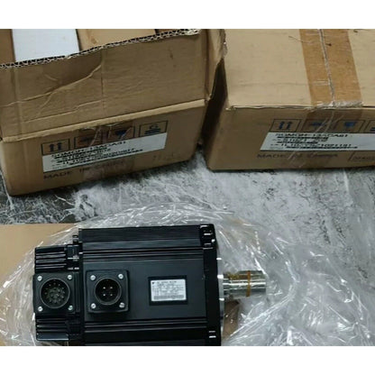 Yaskawa SGMGH-13ACA61 servo motor in box. Black motor with connector. Made in China. Industrial automation spare part.