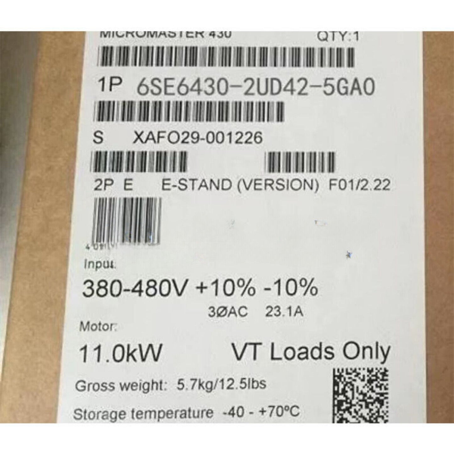 Siemens MICROMASTER 430 industrial drive unit label, model 6SE6430-2UD42-5GA0, 380-480V input.