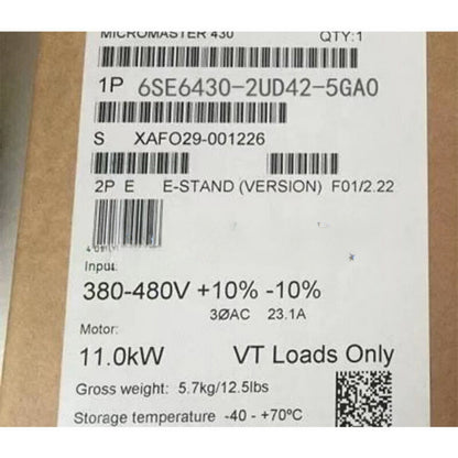 Siemens MICROMASTER 430 industrial drive unit label, model 6SE6430-2UD42-5GA0, 380-480V input.