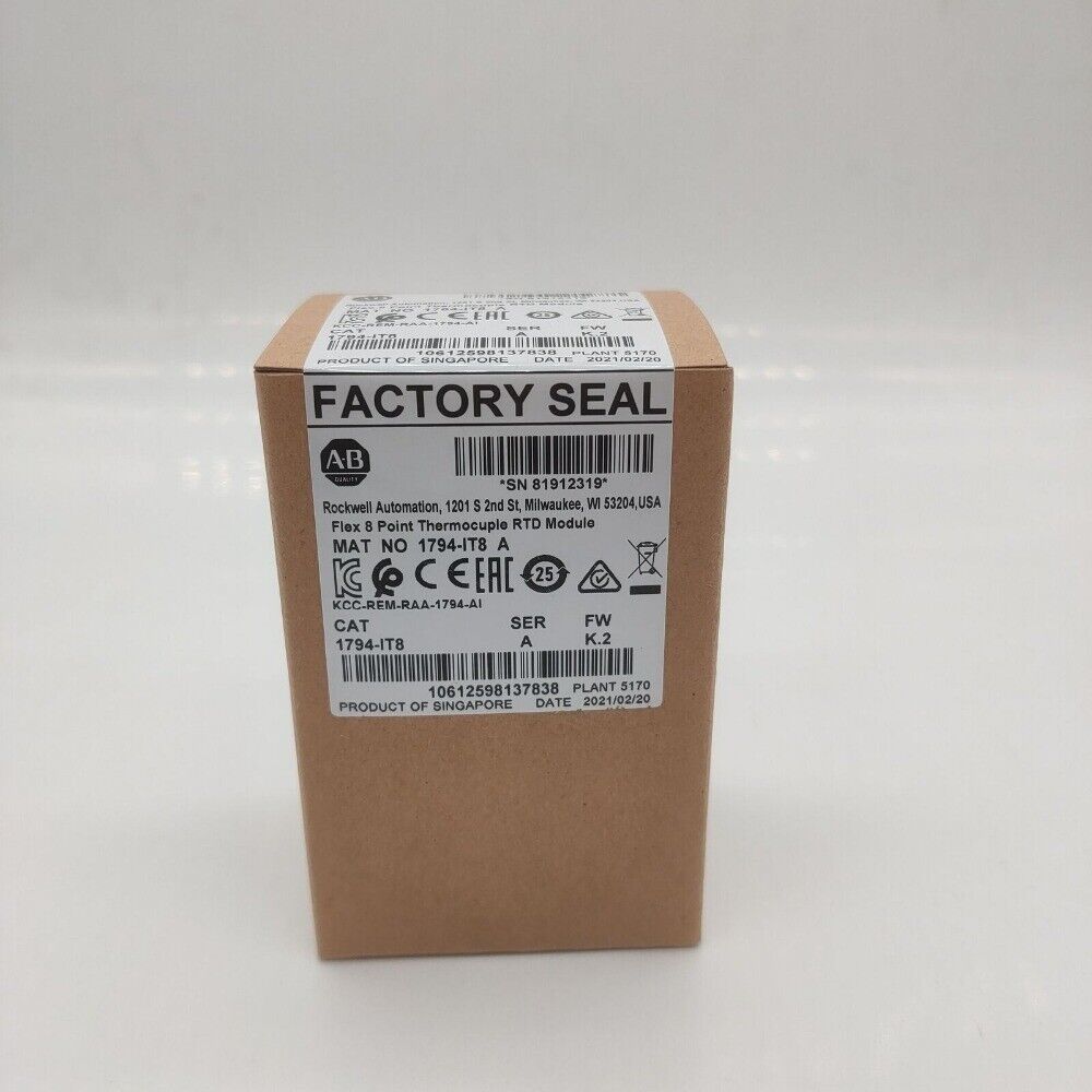 Allen-Bradley 1794-IT8 Flex I/O module box, factory sealed. Details include serial number and manufacture information.