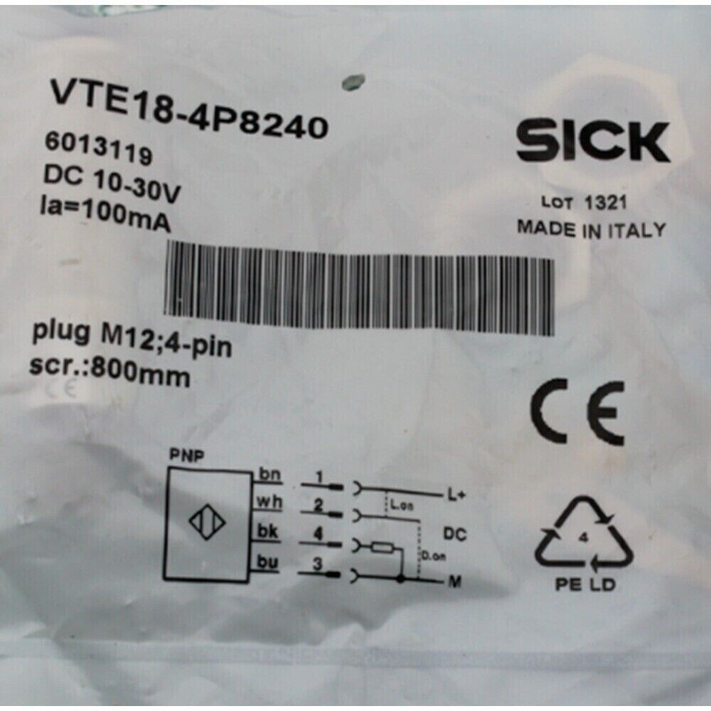 SICK VTE18-4P8240 Photoelectric Sensor with M12 plug, 4-pin, 800mm, and Made in Italy.