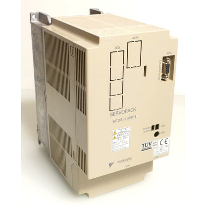 Yaskawa Electric Servopack SGDB-30VDY1, industrial automation part, cream-colored enclosure with labels and warning signs.