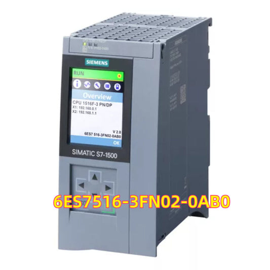 Siemens SIMATIC S7-1500 PLC, model 6ES7516-3FN02-0AB0, with screen showing overview and network information.