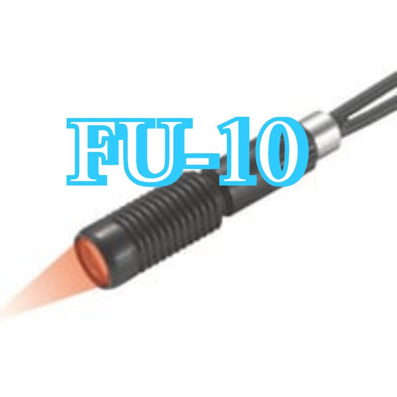 Keyence FU-10 Fiber Unit Sensor emitting a red laser beam for industrial use.