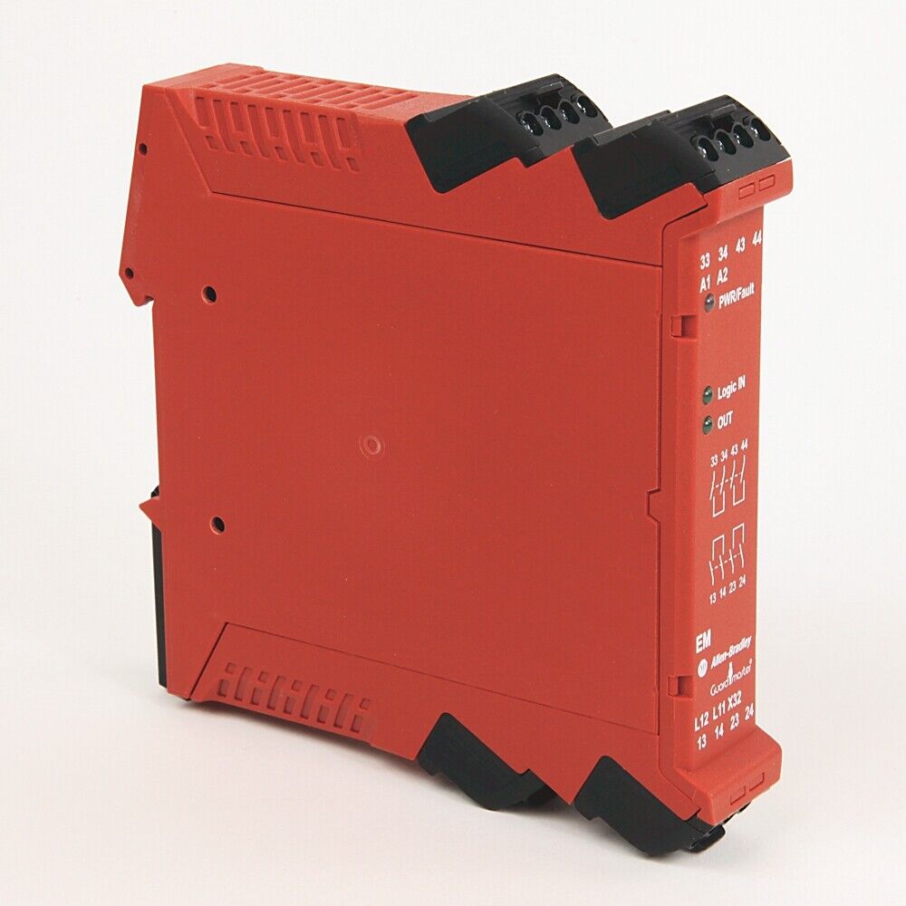 Allen-Bradley 440R-EM4R2 Safety Relay. Red industrial safety relay with indicators, GuardMaster model, 440REM4R2.