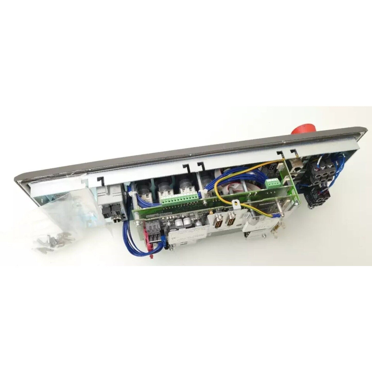 Siemens SINUMERIK push button panel, industrial automation control, with emergency stop button and connectors.