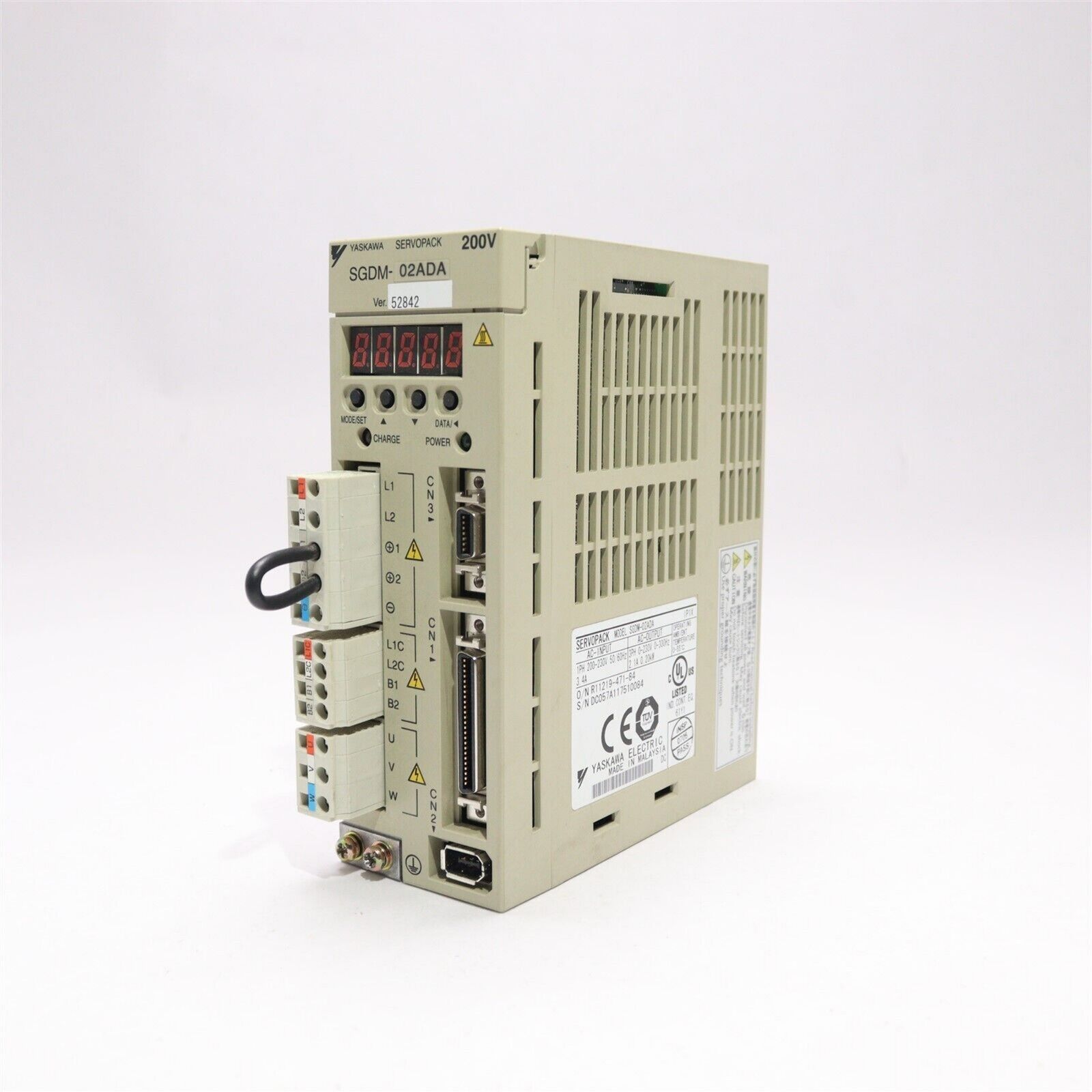 YASKAWA SGDM-02ADA 200V servo drive. Industrial automation part with digital display, connectors. Made in Malaysia.