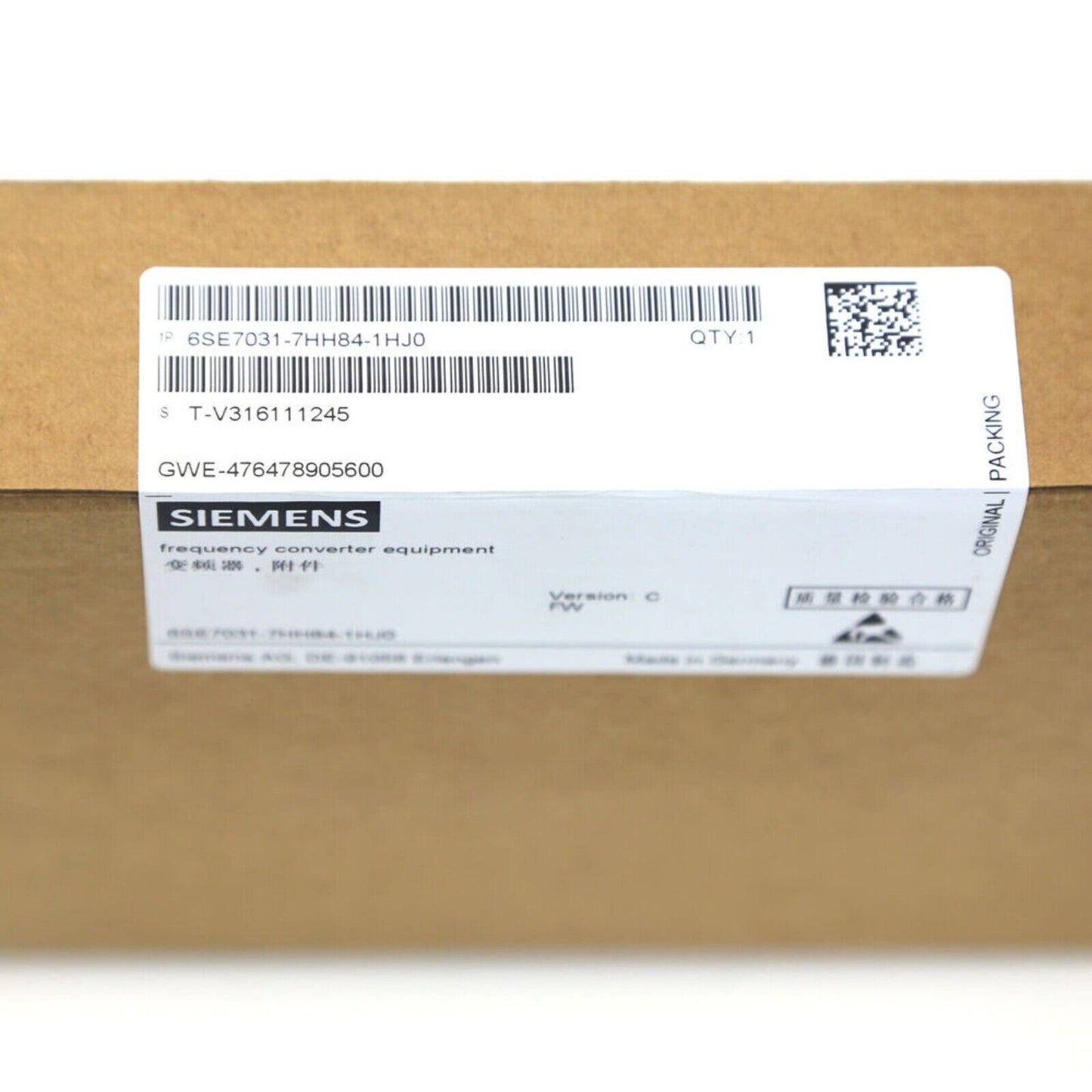 Siemens 6SE7031-7HH84-1HJ0 frequency converter equipment in original box, industrial automation part, made in Germany.