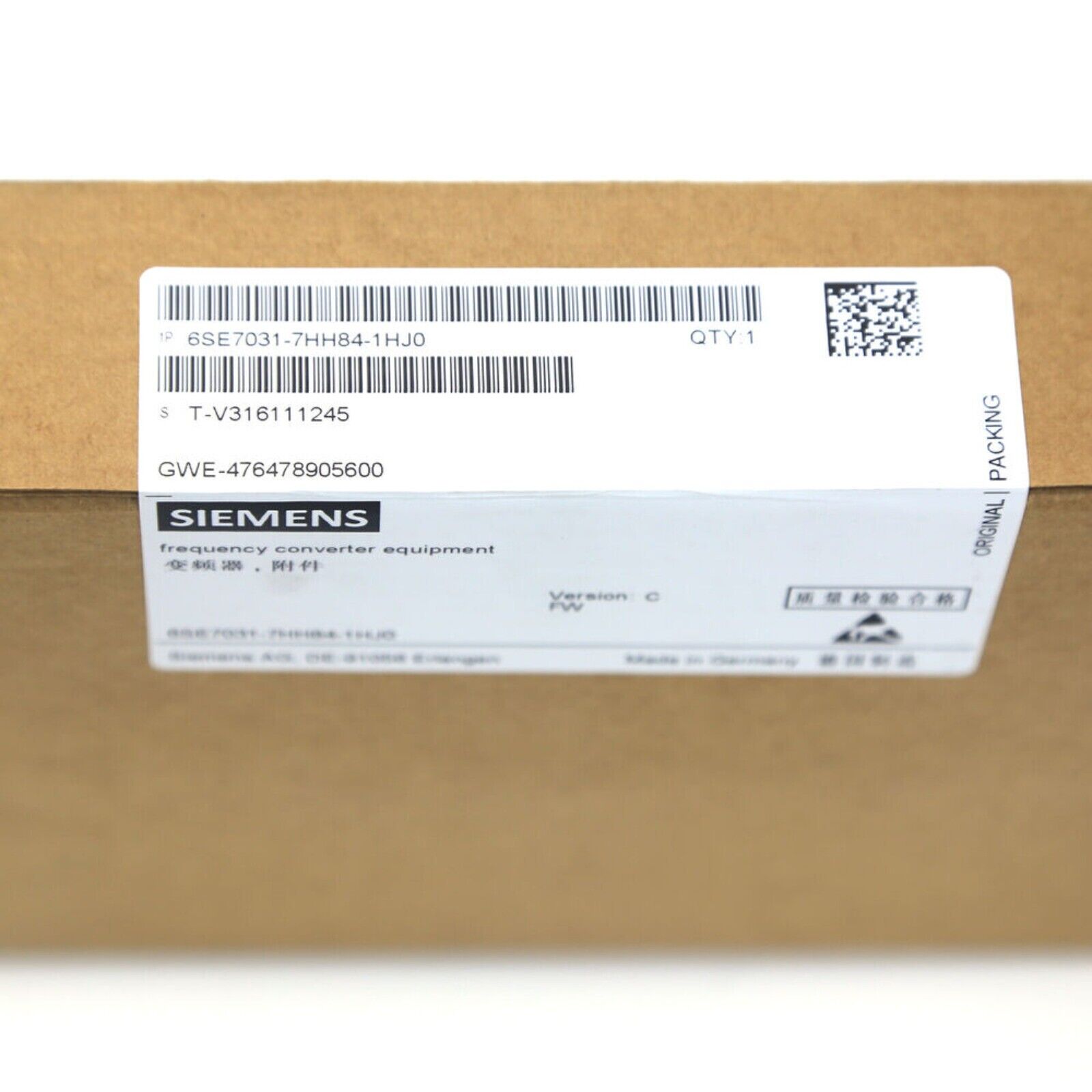 Siemens 6SE7031-7HH84-1HJ0 frequency converter equipment in original box, industrial automation part, made in Germany.