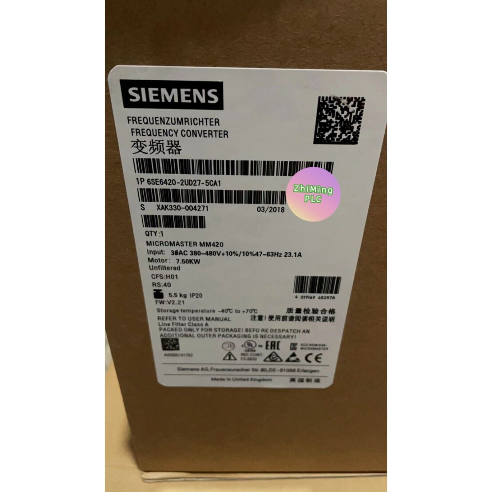 Siemens SINAMICS G120 6SE6420-2UD27-5CA1 AC drive inverter label, industrial automation product.