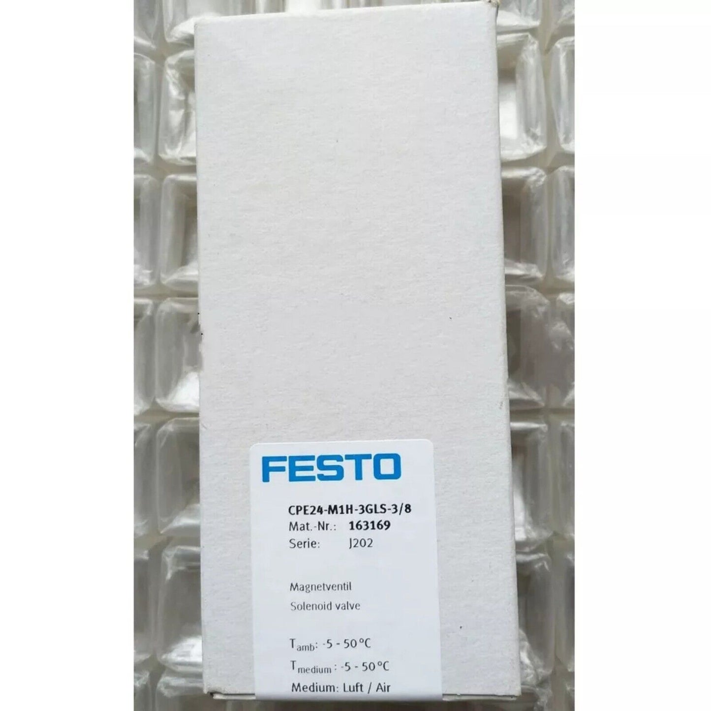 Festo CPE24-M1H-3GLS-3/8 Solenoid Valve in packaging, part number 163169.