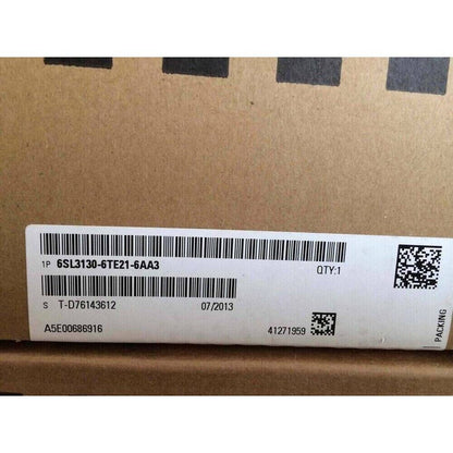 Siemens SINAMICS S120 motor drive box, model 6SL3130-6TE21-6AA3, with barcode and packing info.