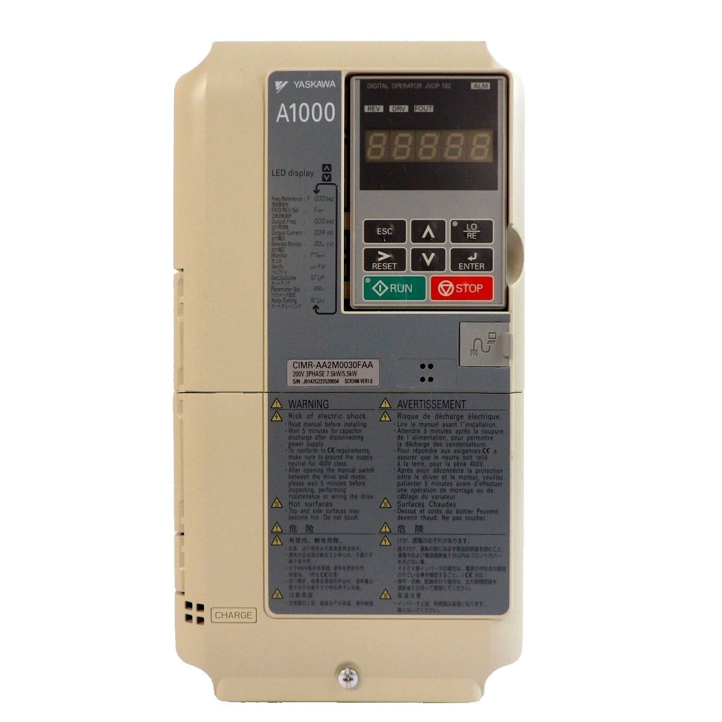 Yaskawa A1000 inverter drive CIMR-AA2M0030FAA. LED display, control buttons, and safety warnings for industrial automation.
