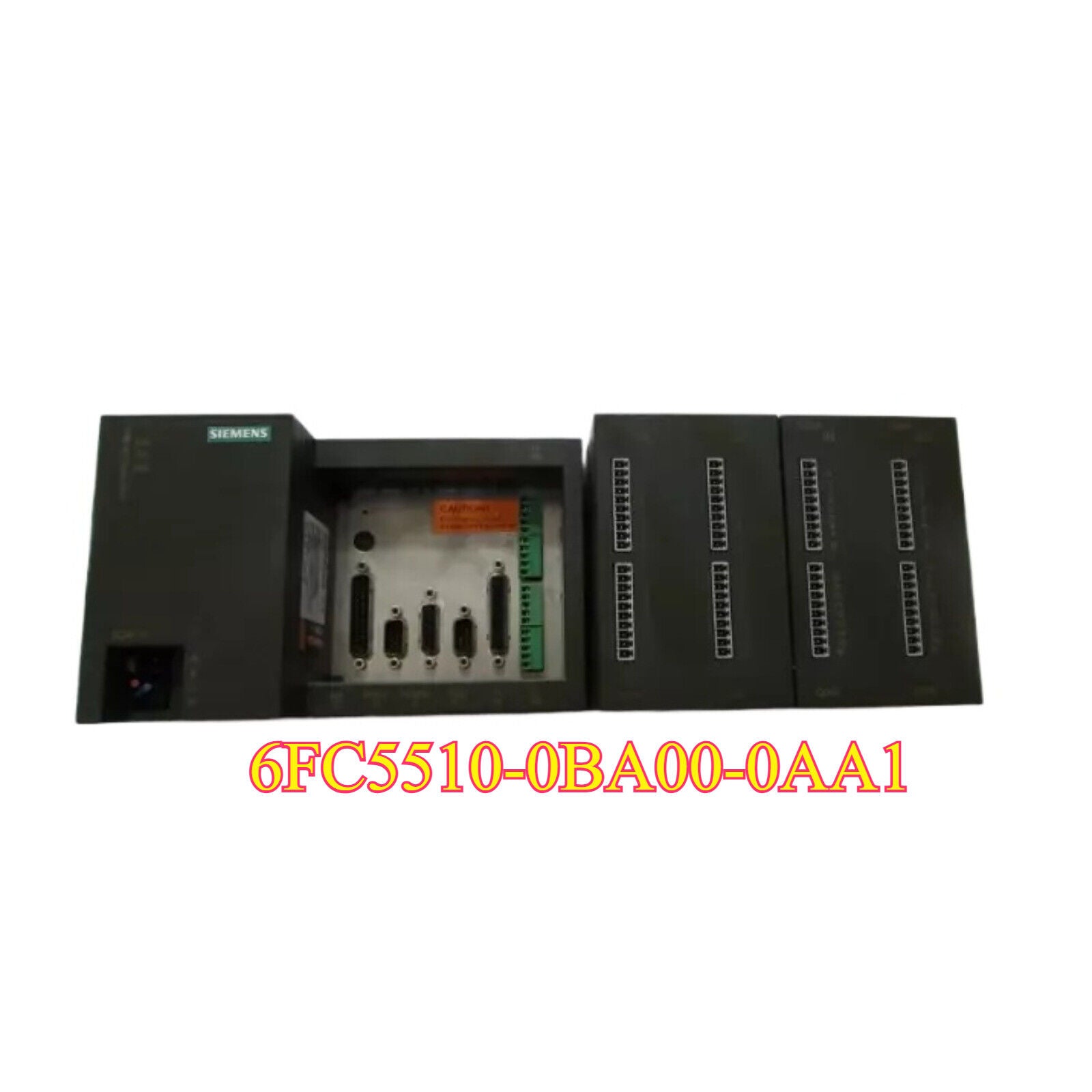 Siemens 6FC5510-0BA00-0AA1 PLC Module. Industrial automation part with a black metal case and multiple ports.