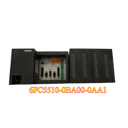 Siemens 6FC5510-0BA00-0AA1 PLC Module. Industrial automation part with a black metal case and multiple ports.