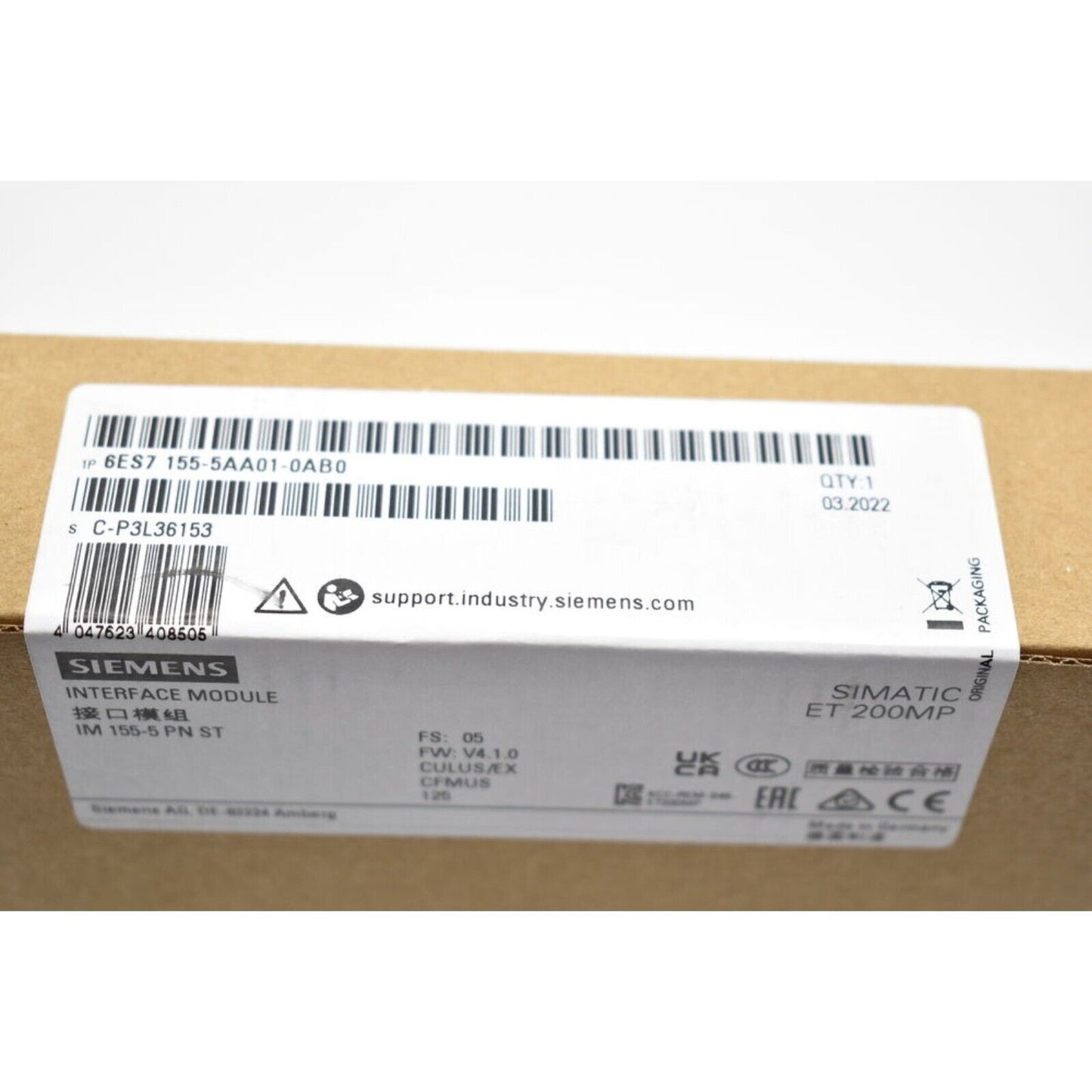 Siemens SIMATIC ET 200MP Interface Module 6ES7 155-5AA01-0AB0 product packaging box. Industrial automation part.
