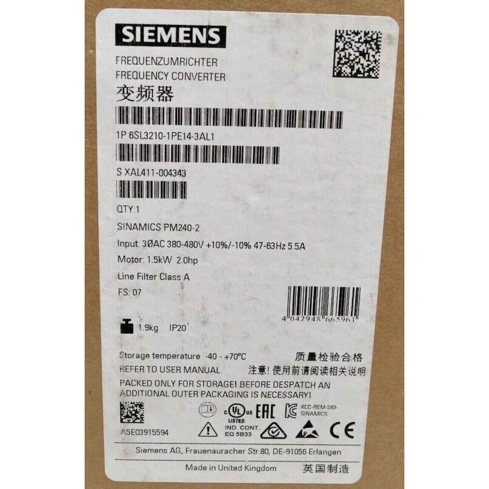 Siemens SINAMICS PM240-2 frequency converter label, 1P 6SL3210-1PE14-3AL1, industrial automation part details.