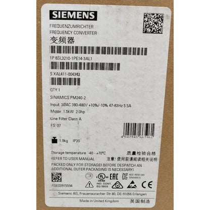 Siemens SINAMICS PM240-2 frequency converter label, 1P 6SL3210-1PE14-3AL1, industrial automation part details.