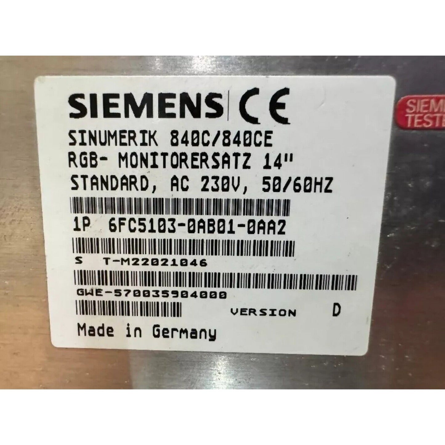 Siemens SINUMERIK 840C/840CE 14" Monitor Ersatz with model 6FC5103-0AB01-0AA2, industrial automation component