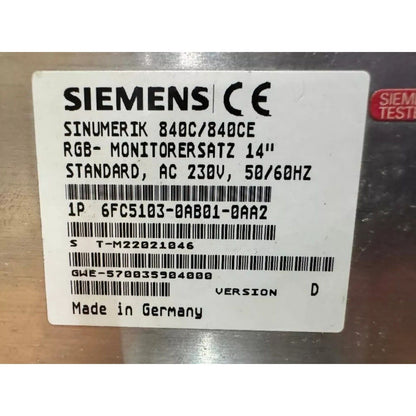Siemens SINUMERIK 840C/840CE 14" Monitor Ersatz with model 6FC5103-0AB01-0AA2, industrial automation component