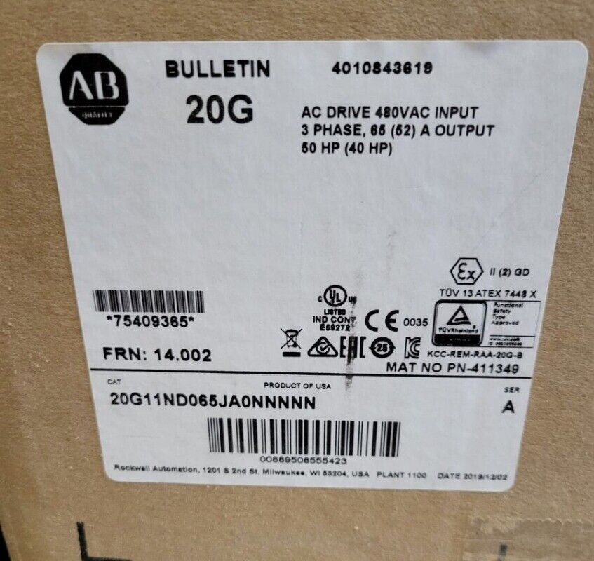Allen-Bradley PowerFlex 755 AC Drive Label - 20G11ND065JA0NNNNN, 480VAC Input, 50 HP