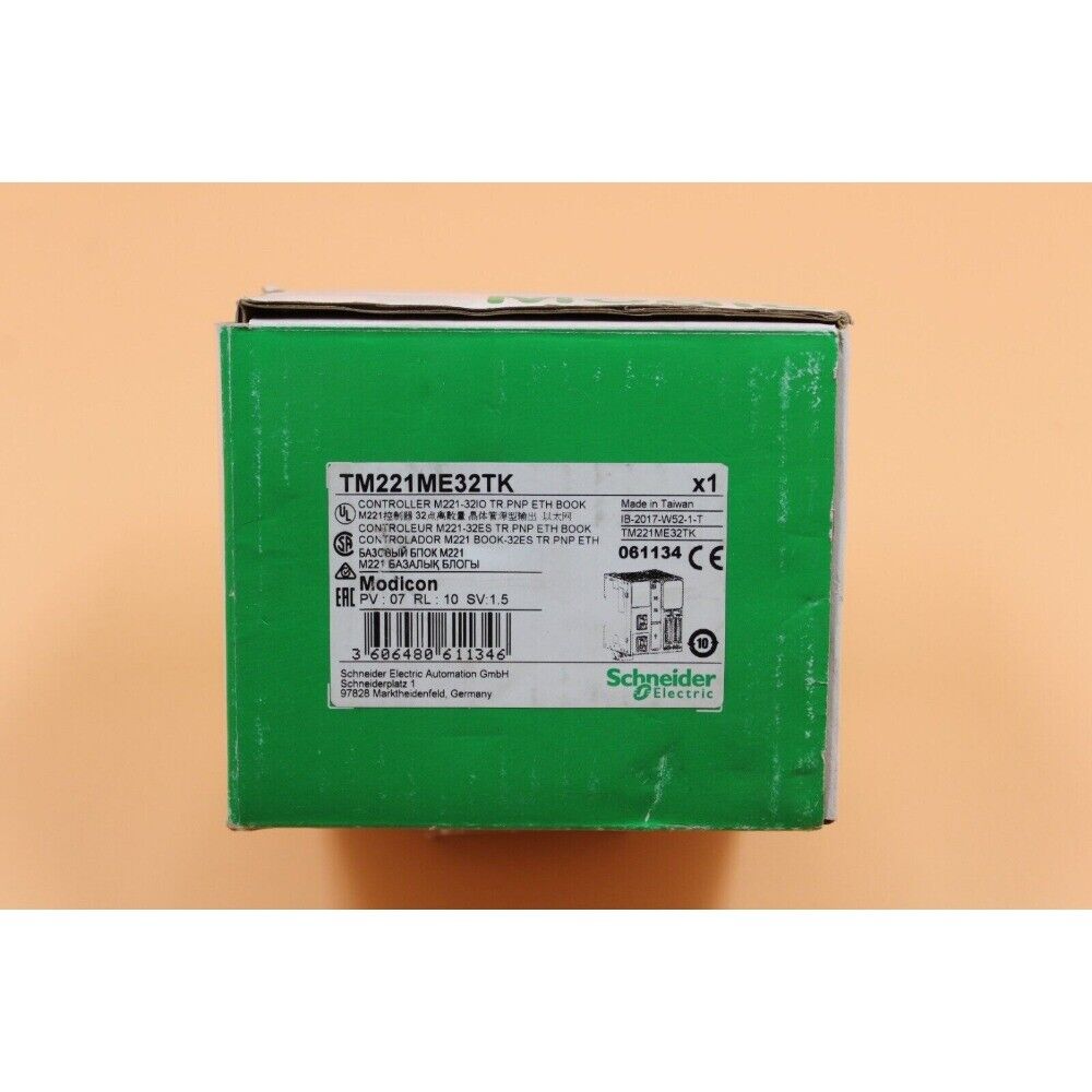 Schneider Modicon TM221ME32TK PLC module box, green and white, Ethernet port, industrial automation part