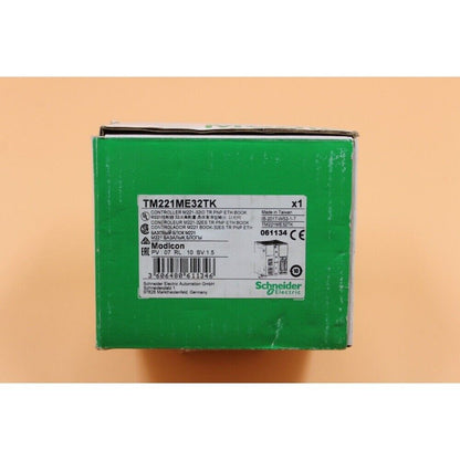 Schneider Modicon TM221ME32TK PLC module box, green and white, Ethernet port, industrial automation part