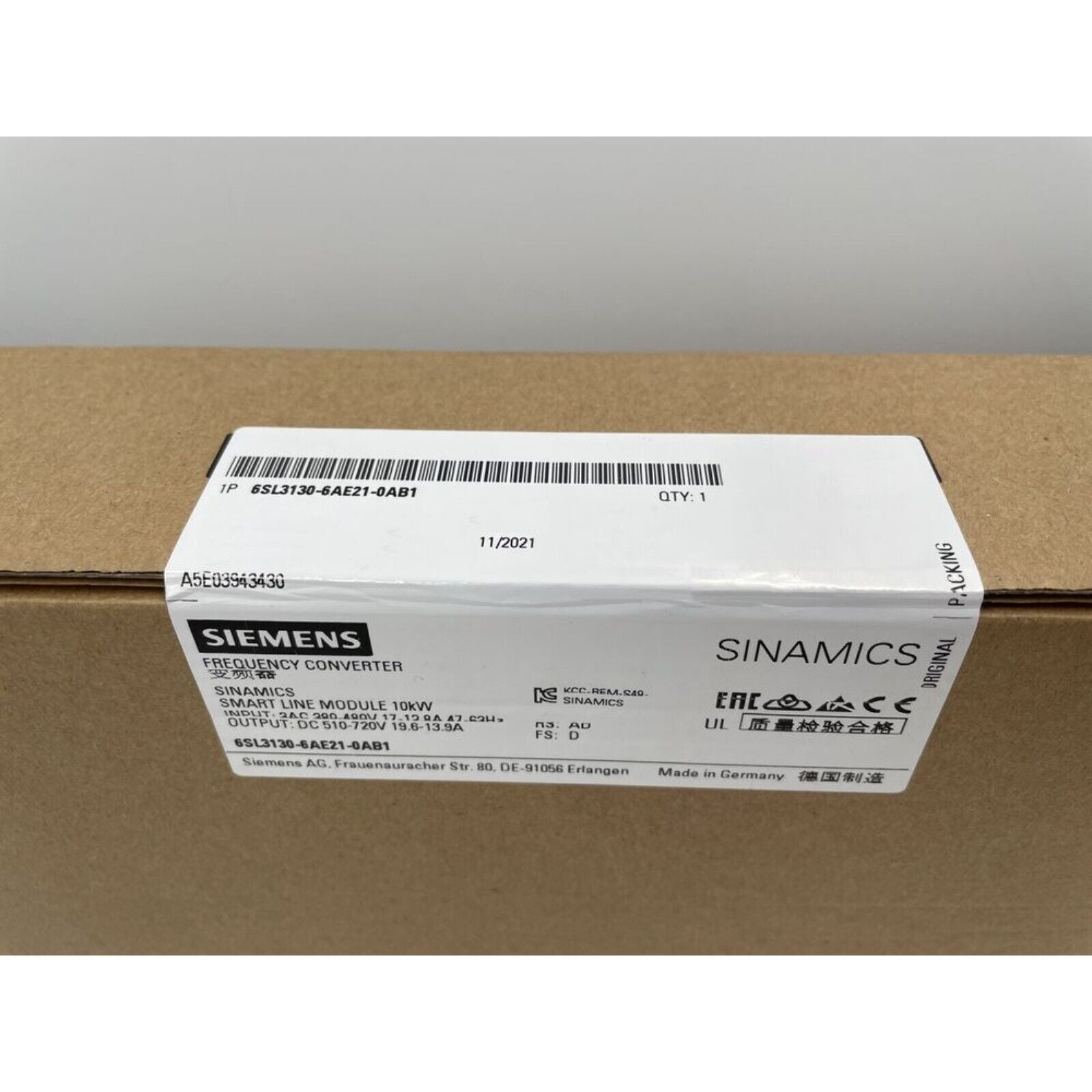 Siemens SINAMICS Smart Line Module 6SL3130-6AE21-0AB1, industrial automation part packaging, Made in Germany