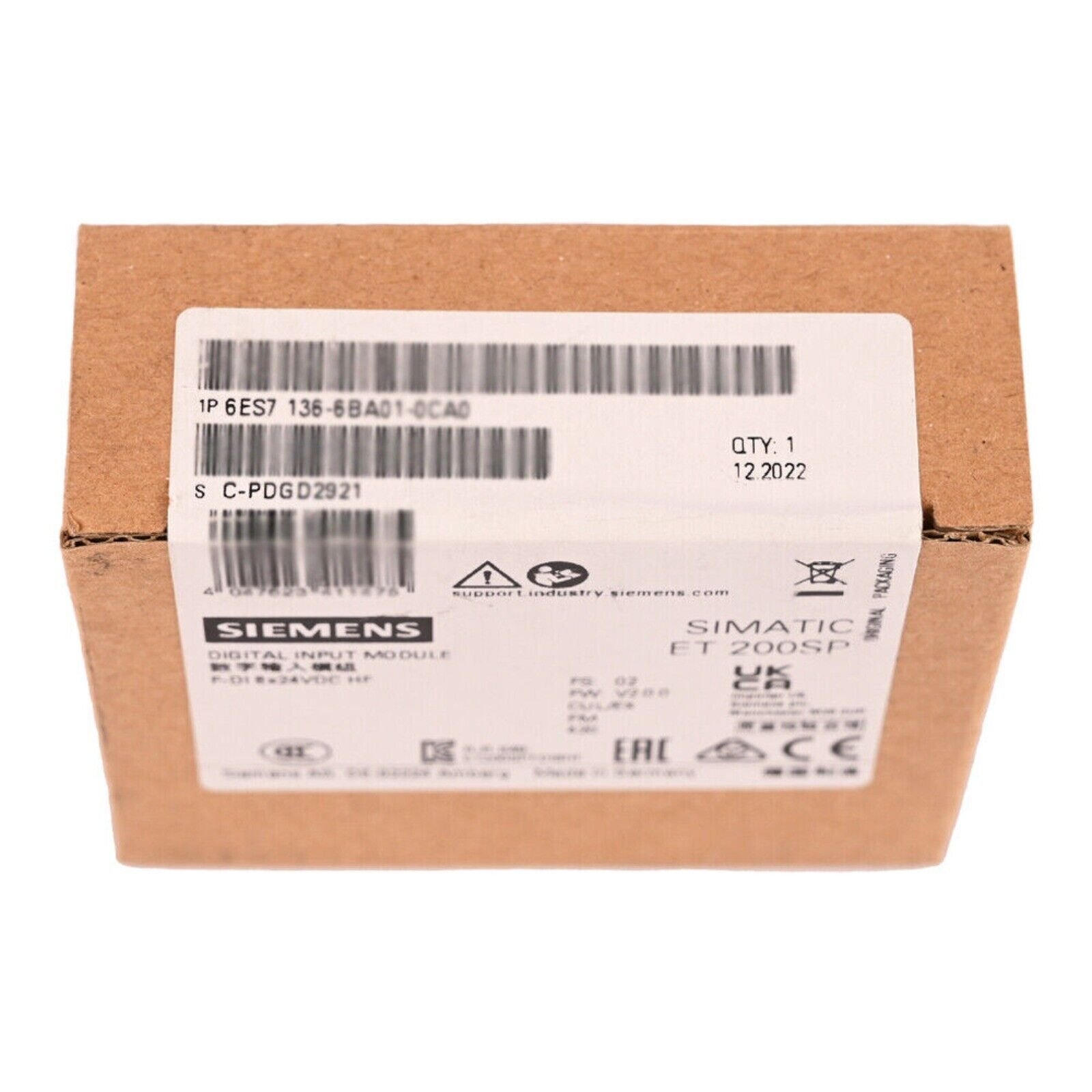 Siemens SIMATIC ET 200SP digital input module box, product packaging, model number 6ES7136-6BA01-0CA0