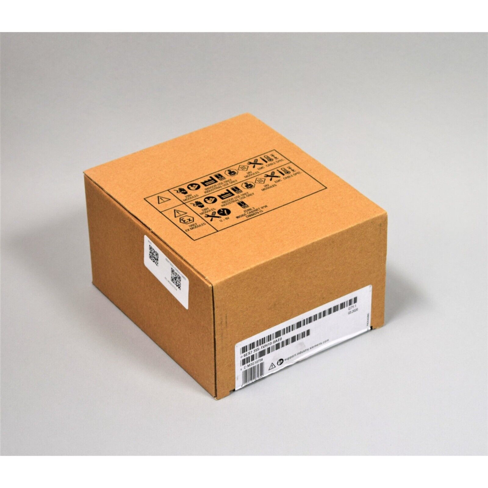 Siemens S7-300 Control Unit FM 355 PLC module packaging, brown box, with labels, details and product code