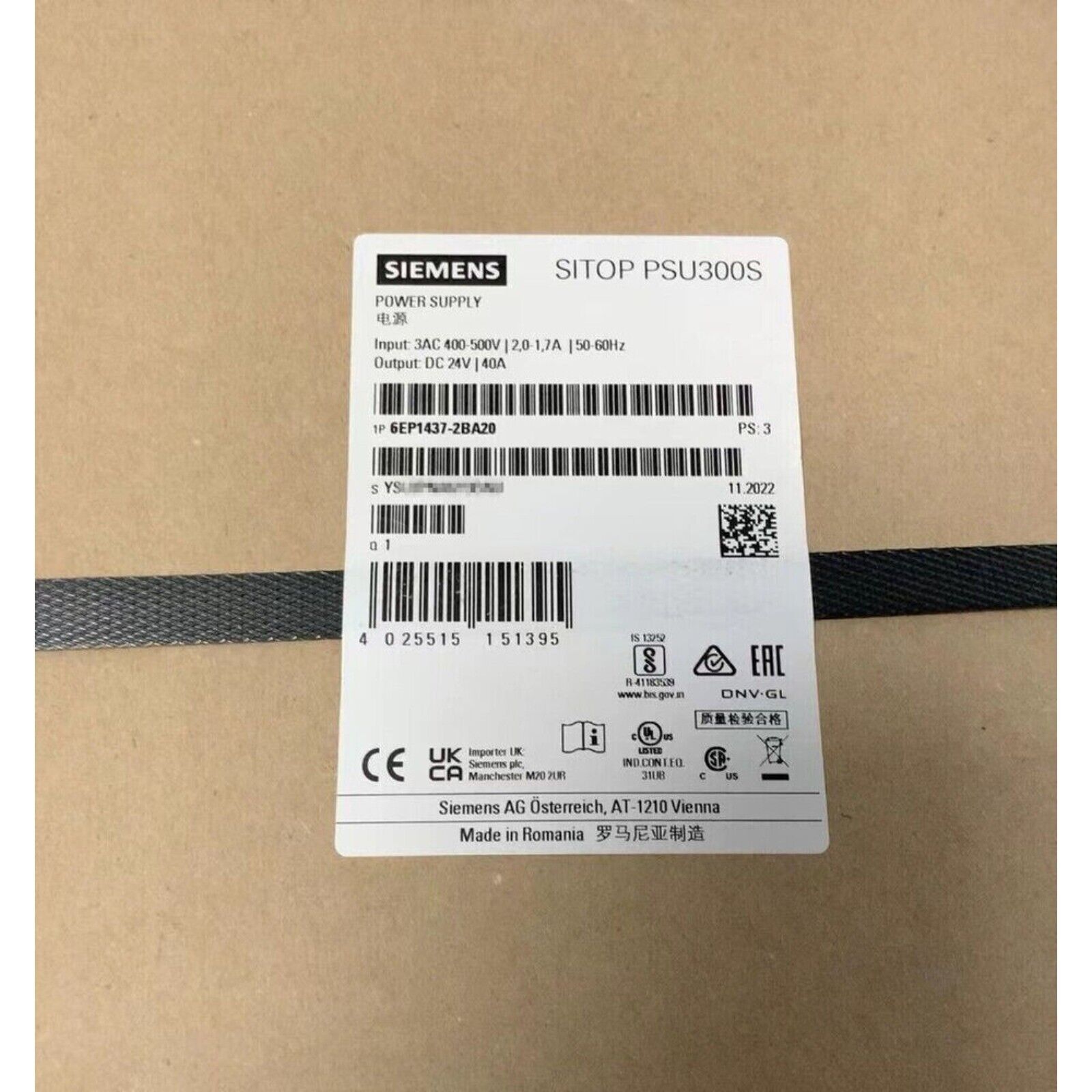 Siemens SITOP PSU300S 40A Power Supply, model 6EP1437-2BA20, industrial automation component.