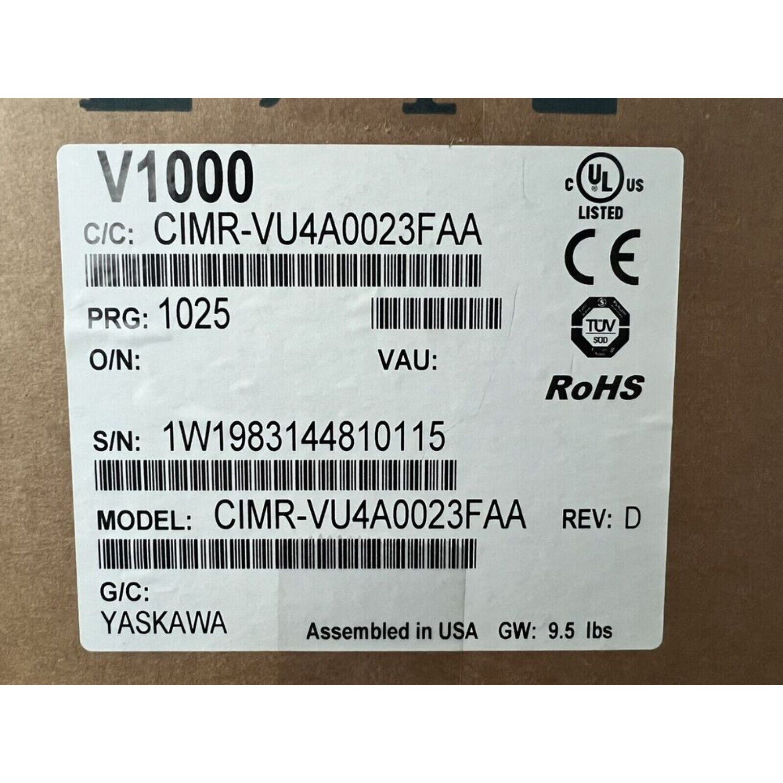 YASKAWA CIMR-VU4A0023FAA Inverter label, showing model and serial number, RoHS and CE certified, new expedited shipping