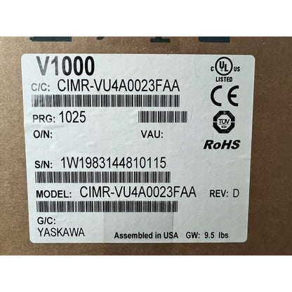 YASKAWA CIMR-VU4A0023FAA Inverter label, showing model and serial number, RoHS and CE certified, new expedited shipping