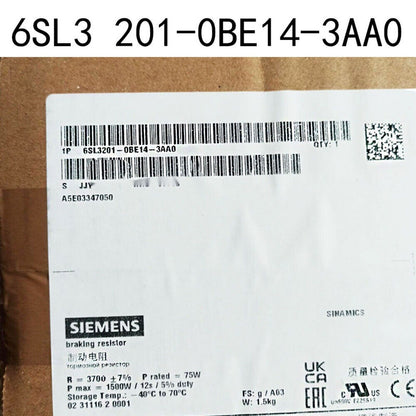 Siemens SINAMICS 6SL3201-0BE14-3AA0 braking resistor label. Industrial automation part with product info.