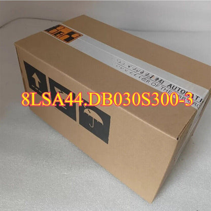 B&R 8LSA44.DB030S300-3 servo motor in a cardboard box with shipping labels, new in box.