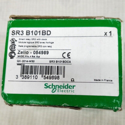 Schneider Electric SR3 B101BD Zelio Logic programmable relay box, showing product information and specifications.