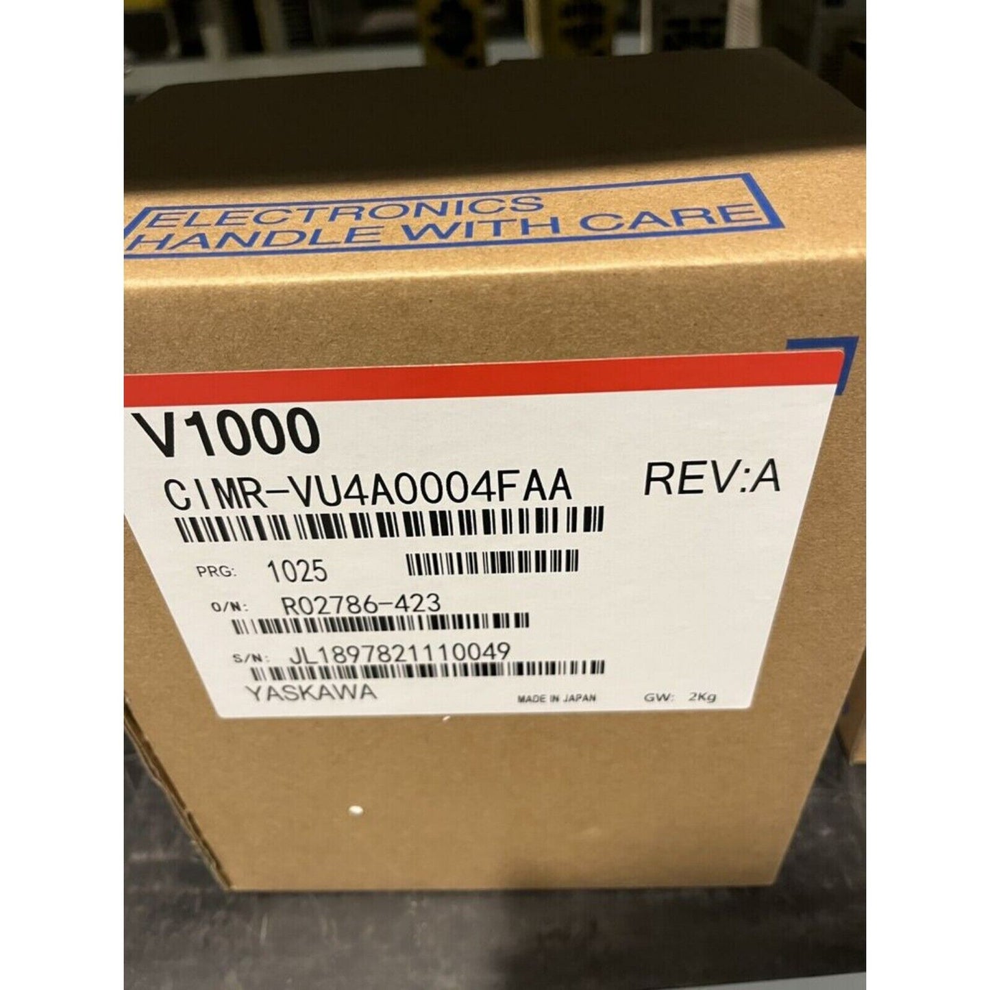 YASKAWA V1000 CIMR-VU4A0004FAA Inverter shipping box, electronics handle with care, new industrial automation part.