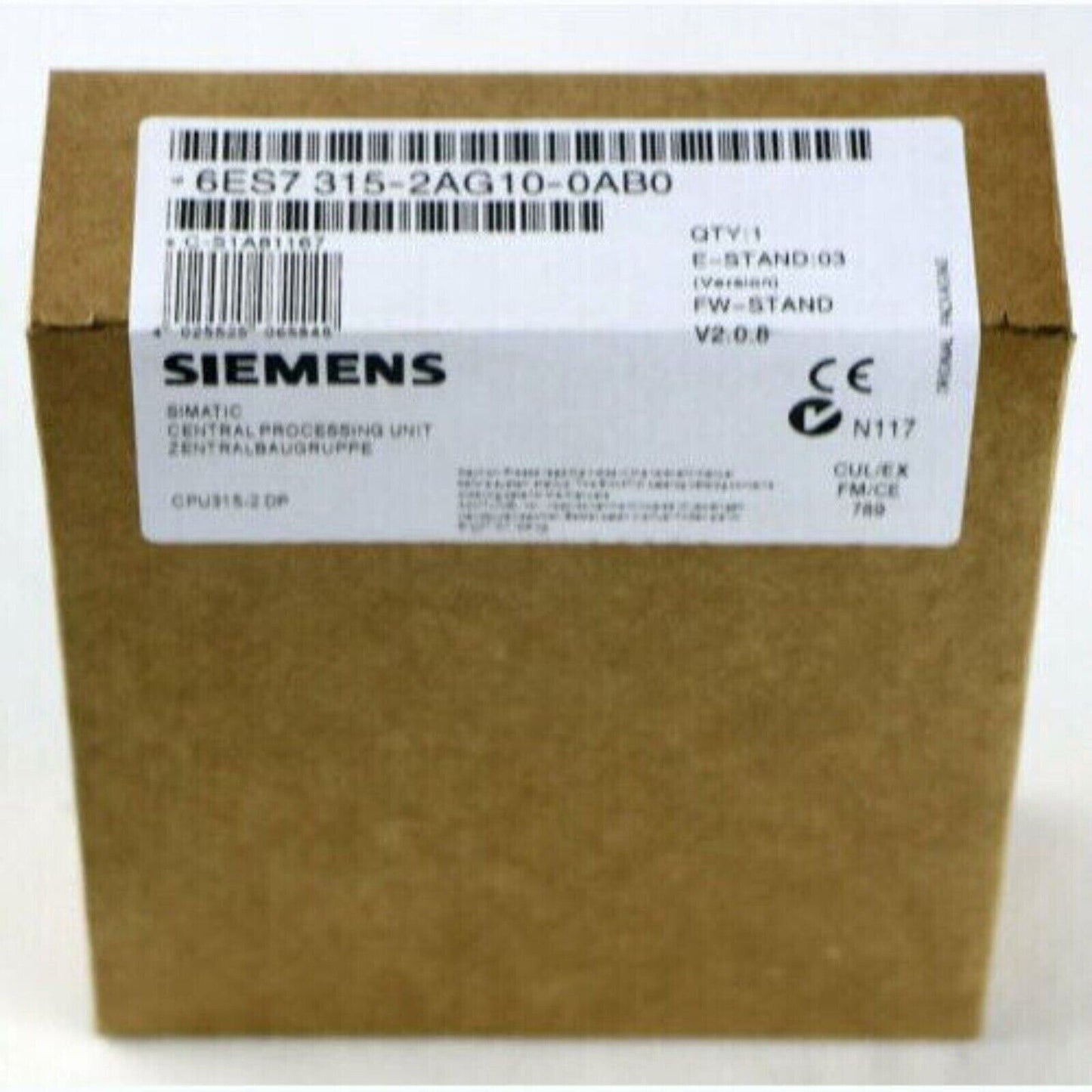 SIMATIC S7-300 CPU 315-2DP Siemens PLC module box, showing product information label and packaging.
