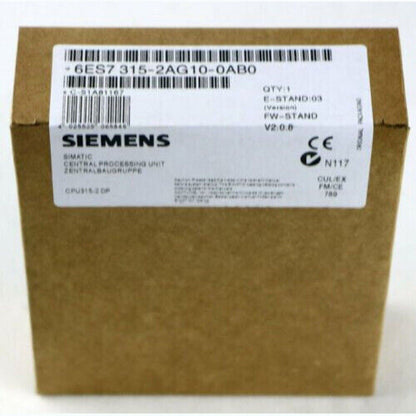 SIMATIC S7-300 CPU 315-2DP Siemens PLC module box, showing product information label and packaging.