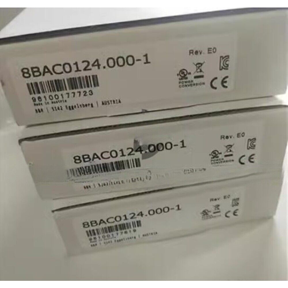 B&R 8BAC0124.000-1 encoder card communication card, stacked boxes with product information and labels, CE marked.