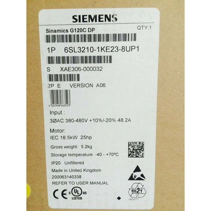 Siemens SINAMICS G120C DP Inverter 6SL3210-1KE23-8UP1, industrial automation part, product details label.