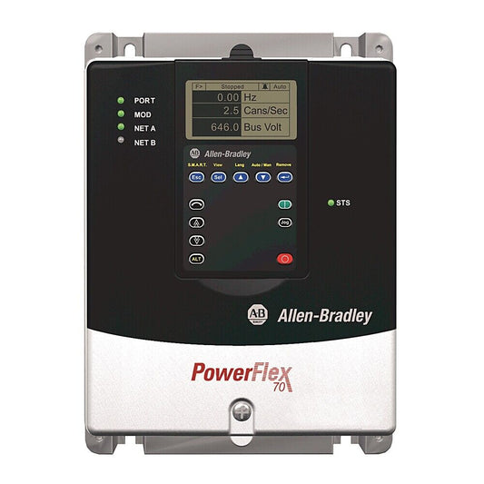 Allen-Bradley PowerFlex 70 AC Drive. Features include 0.00 Hz display, control buttons, and status indicators.